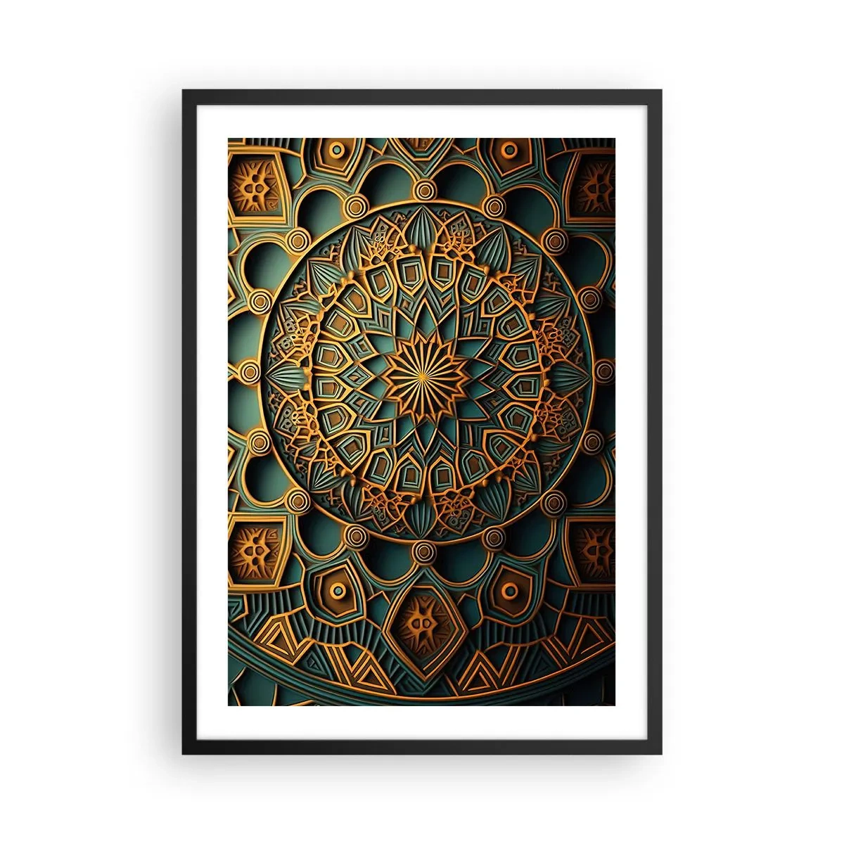 Póster en marco negro - Mandala dorado sobre fondo oscuro - 50x70cm - En un clima árabe - Decoración de pared moderna para salón y dormitorio ARTTOR