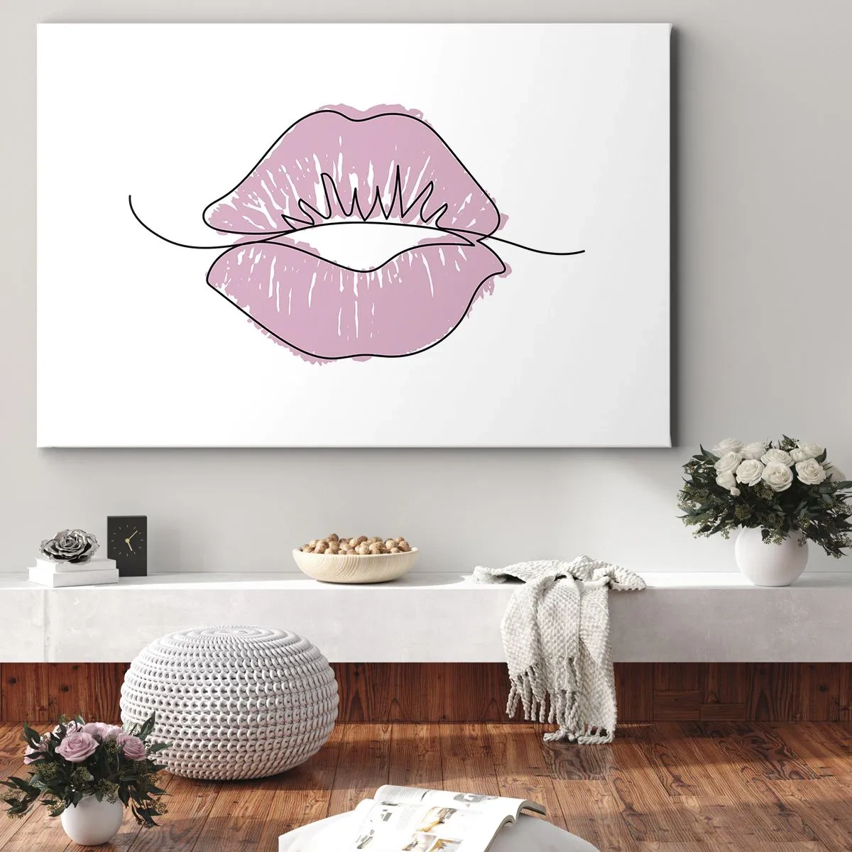 Cuadro sobre lienzo - Impresión de Imagen - Dibujo de labios minimalista en tono rosa. - 70x50cm - ¿Listo para un beso? - Decoración de pared moderna para salón y dormitorio ARTTOR
