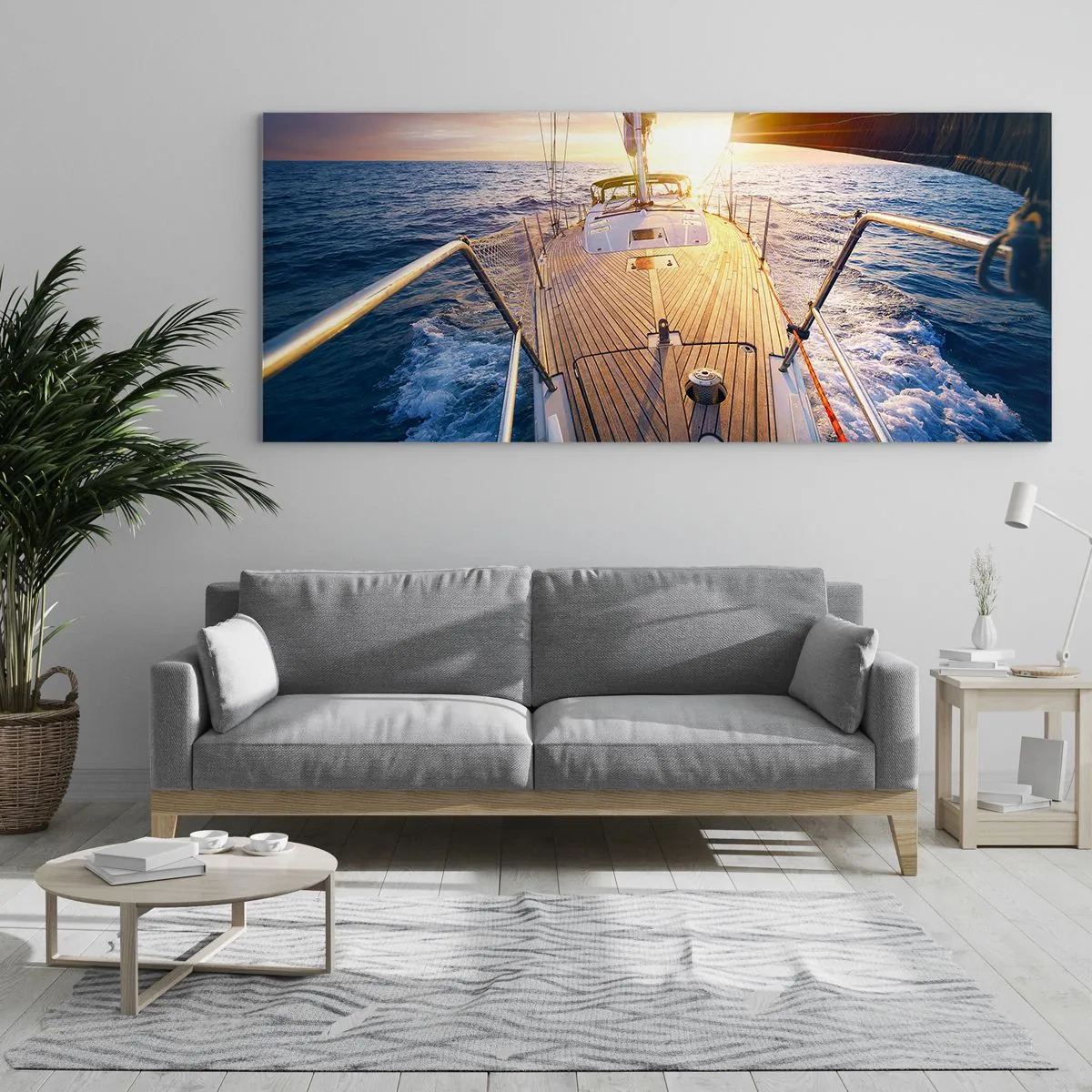 Cuadro sobre vidrio - Impresiones sobre Vidrio - Yate en el mar durante la puesta de sol - 140x50cm - Corriendo sobre las olas - Decoración de pared moderna para salón y dormitorio ARTTOR