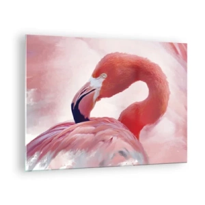Cuadro sobre vidrio - Impresiones sobre Vidrio - Un flamenco rosado gira con gracia hacia un lado. - 70x50cm - La belleza de las aves - Decoración de pared moderna para salón y dormitorio ARTTOR