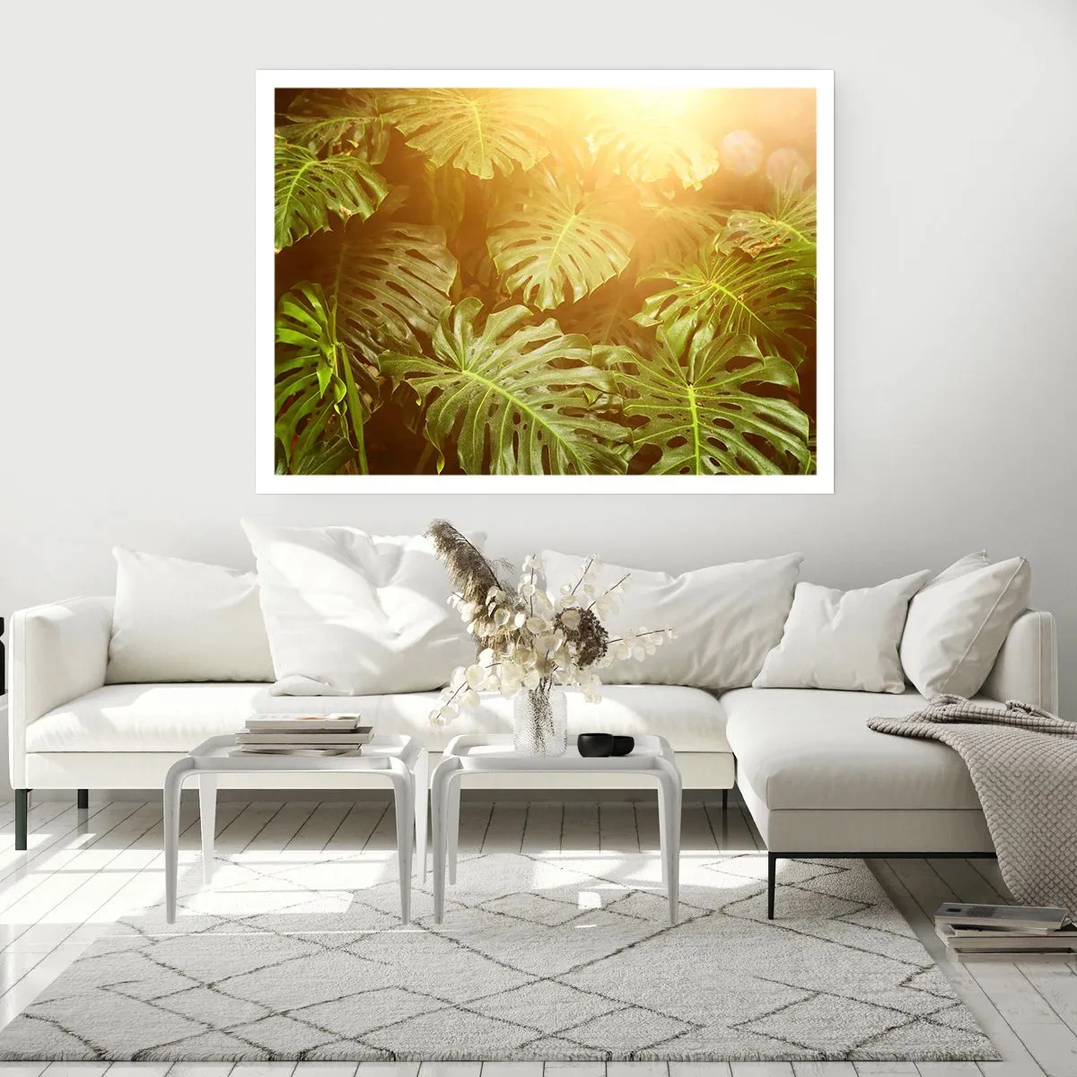 Póster - Hojas de monstera a la luz del sol sobre un fondo natural. - 100x70cm - Hacia el verdor... - Decoración de pared moderna para salón y dormitorio ARTTOR