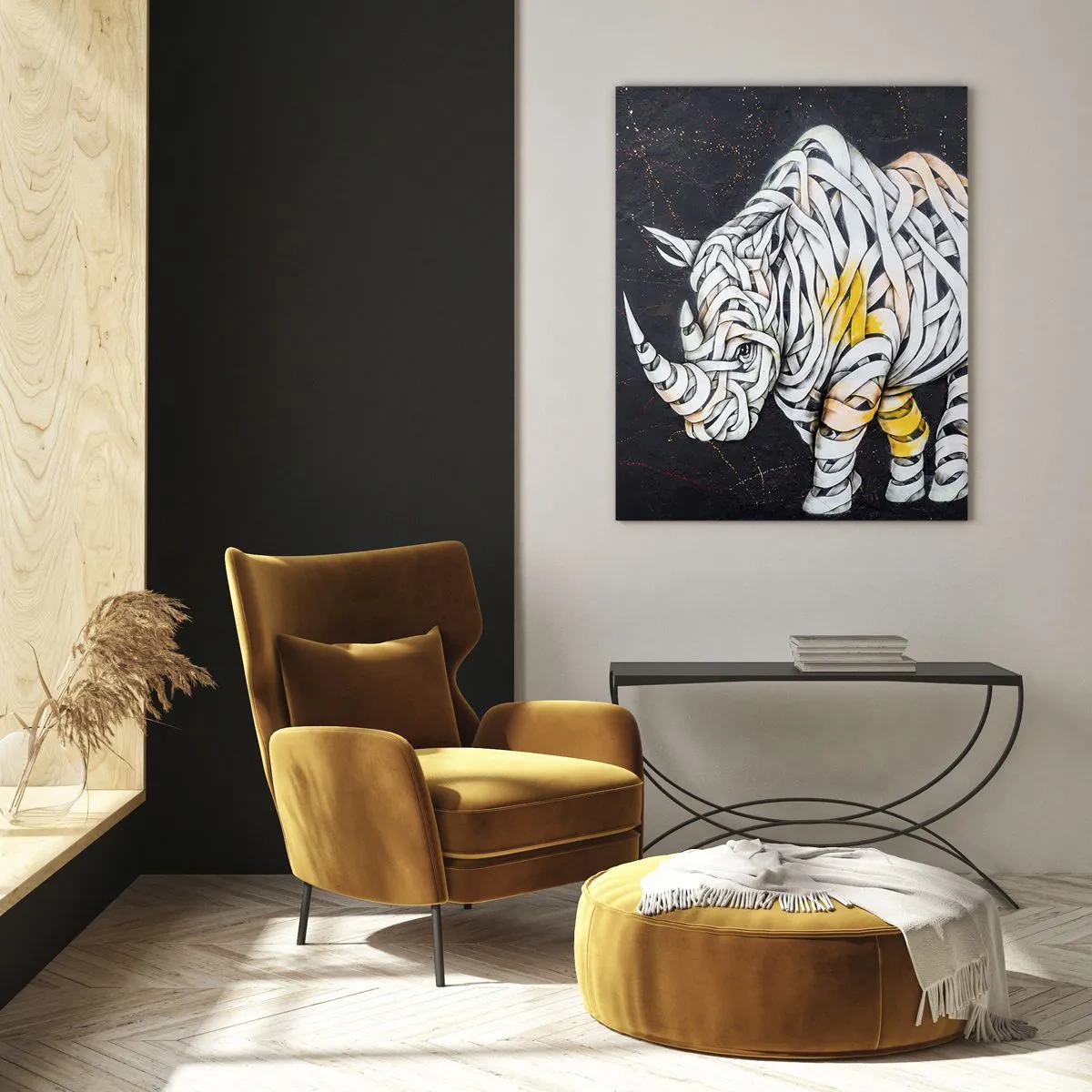 Cuadro sobre vidrio - Impresiones sobre Vidrio - Un rinoceronte tallado con rayas abstractas sobre un fondo oscuro. - 70x100cm - El mito de la momia rinoceronte - Decoración de pared moderna para salón y dormitorio ARTTOR