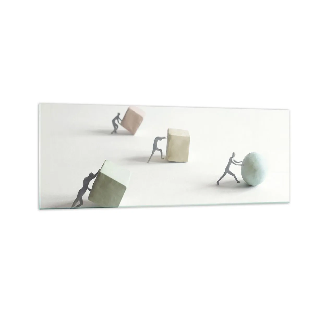 Cuadro sobre vidrio - Impresiones sobre Vidrio - Figuras en miniatura que empujan formas contra un fondo claro. - 140x50cm - El avance de la geometría - Decoración de pared moderna para salón y dormitorio ARTTOR