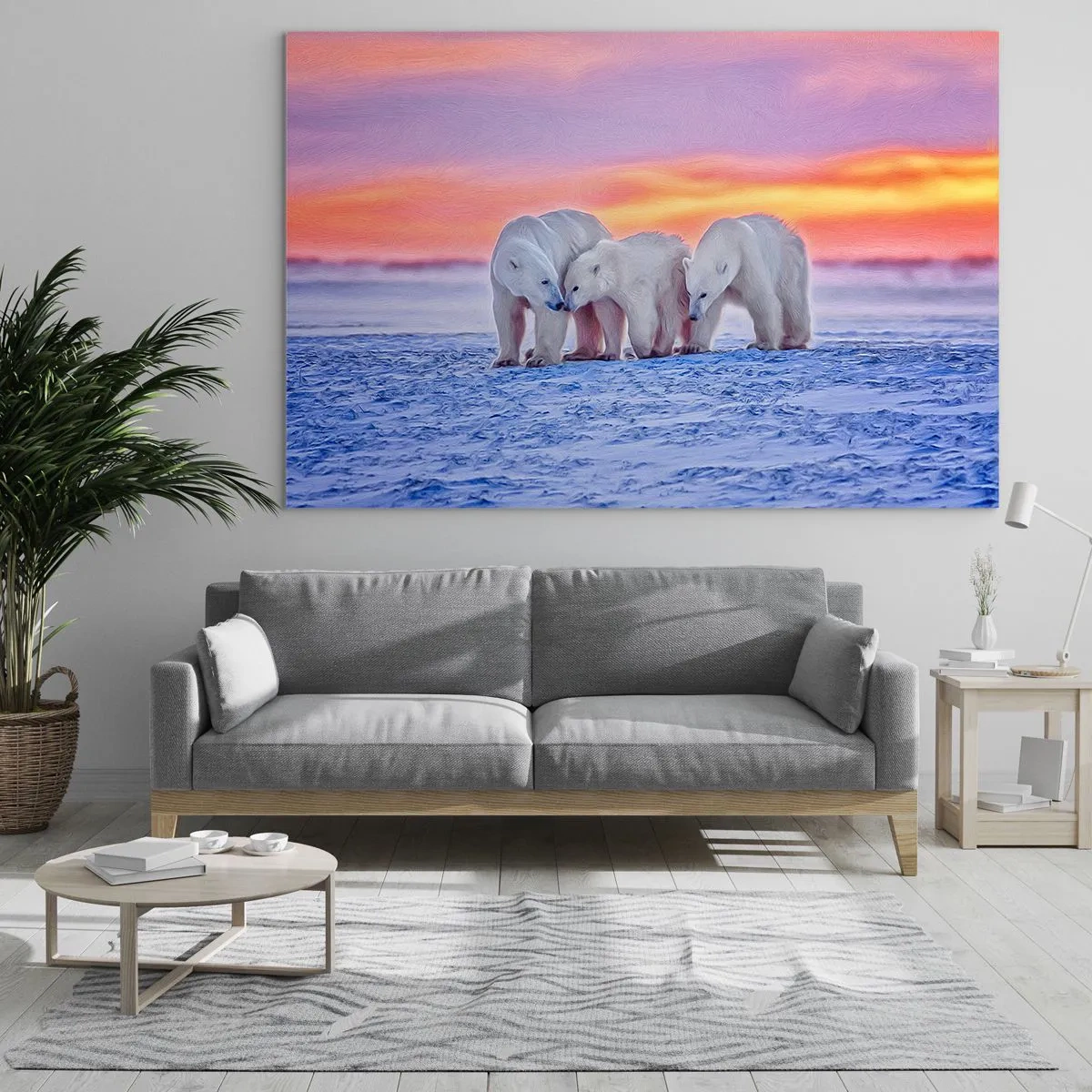 Cuadro sobre vidrio - Impresiones sobre Vidrio - Tres osos polares sobre un fondo nevado al atardecer - 120x80cm - Todo lo que necesitas es el calor de la familia - Decoración de pared moderna para salón y dormitorio ARTTOR
