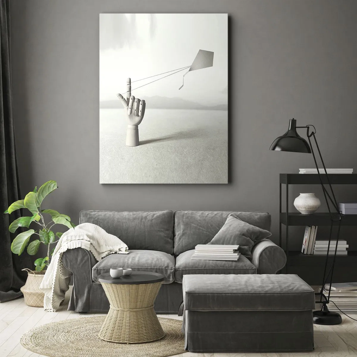 Cuadro sobre lienzo - Impresión de Imagen - Una mano de madera minimalista con una cometa sobre un fondo de paisaje. - 50x70cm - Una prueba de fuerza - Decoración de pared moderna para salón y dormitorio ARTTOR