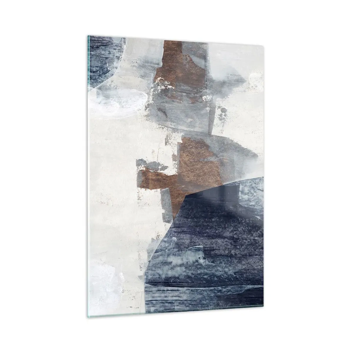 Cuadro sobre vidrio - Impresiones sobre Vidrio - Formas geométricas en azul, marrón y blanco. - 50x70cm - Formas azules y marrones - Decoración de pared moderna para salón y dormitorio ARTTOR