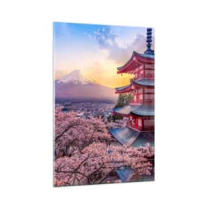 Cuadro sobre vidrio - Impresiones sobre Vidrio - Una pagoda en Japón con flores de cerezo y el monte Fuji. - 80x120cm - La esencia del espíritu japonés - Decoración de pared moderna para salón y dormitorio ARTTOR