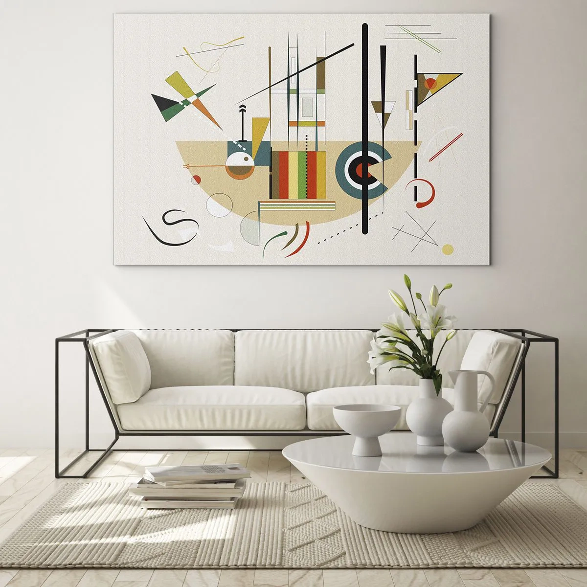 Cuadro sobre vidrio - Impresiones sobre Vidrio - Abstracción geométrica colorida sobre un fondo claro - 120x80cm - Y el mundo ríe - Decoración de pared moderna para salón y dormitorio ARTTOR