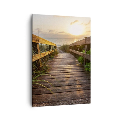 Cuadro sobre lienzo - Impresión de Imagen - Muelle de madera que conduce a la playa al atardecer - 50x70cm - Y directamente a la orilla - Decoración de pared moderna para salón y dormitorio ARTTOR
