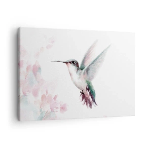 Cuadro sobre lienzo - Impresión de Imagen - Un colibrí en delicados colores pastel sobre un fondo de flores. - 70x50cm - Plasmando el aleteo - Decoración de pared moderna para salón y dormitorio ARTTOR