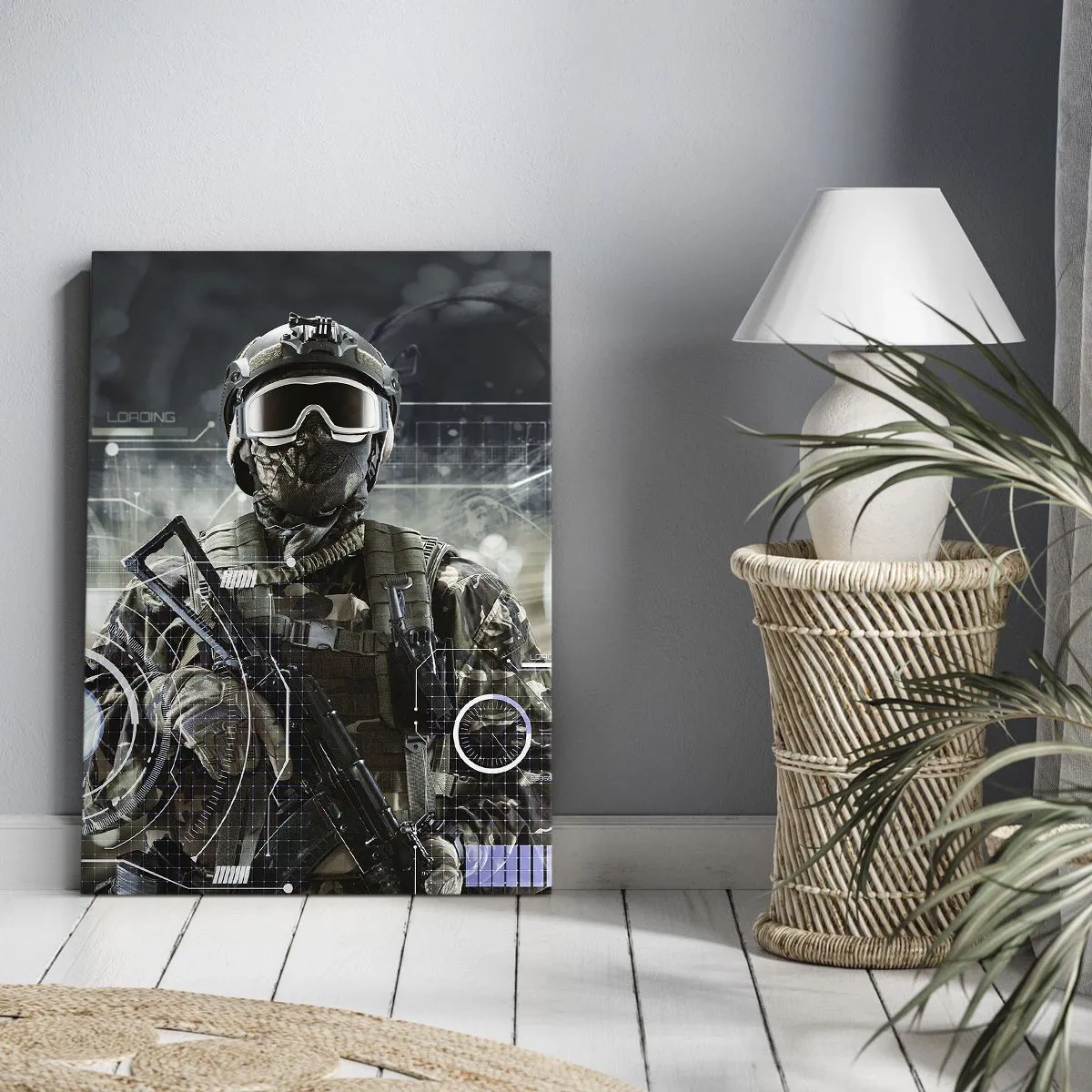 Cuadro sobre lienzo - Impresión de Imagen - Un soldado con un casco futurista y una pistola en un fondo de tecnología. - 50x70cm - De poder a poder - Decoración de pared moderna para salón y dormitorio ARTTOR