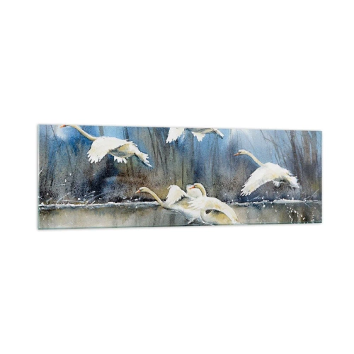 Cuadro sobre vidrio - Impresiones sobre Vidrio - Cisnes en vuelo sobre un lago congelado en un paisaje invernal - 160x50cm - Como en un cuento de cisnes salvajes - Decoración de pared moderna para salón y dormitorio ARTTOR