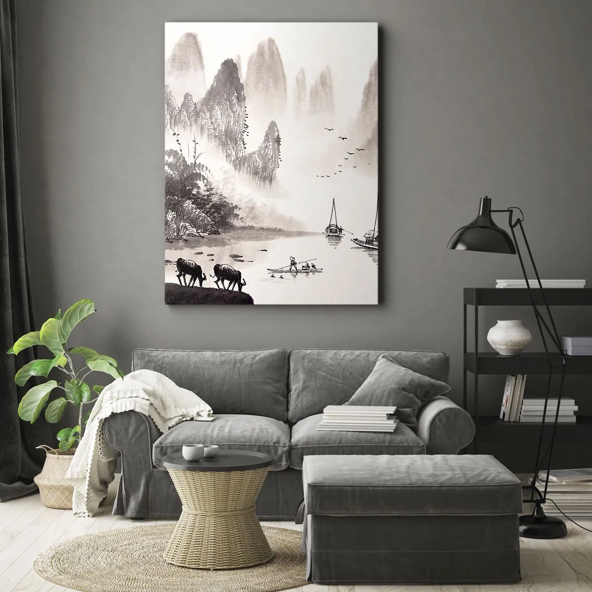 Cuadro sobre lienzo - Impresión de Imagen - Un pintoresco paisaje de estilo asiático con montañas brumosas. - 50x70cm - La exótica vida cotidiana de Oriente - Decoración de pared moderna para salón y dormitorio ARTTOR