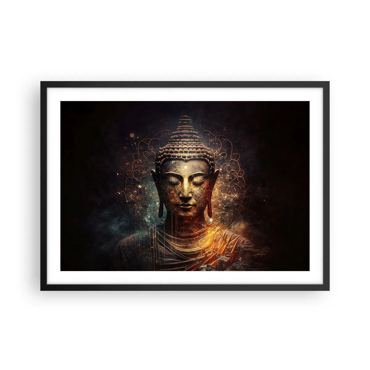 Póster en marco negro - Buda dorado sobre un fondo oscuro con adornos. - 70x50cm - Equilibrio espiritual - Decoración de pared moderna para salón y dormitorio ARTTOR