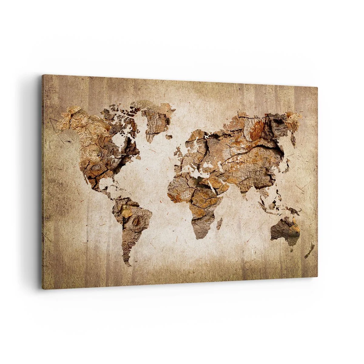 Cuadro sobre lienzo - Impresión de Imagen - Un mapa del mundo en estilo rústico de madera. - 120x80cm - El descubrimiento del mundo - Decoración de pared moderna para salón y dormitorio ARTTOR