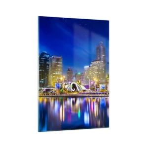 Cuadro sobre vidrio - Impresiones sobre Vidrio - Panorama nocturno de la ciudad con luces reflejadas en el agua. - 70x100cm - La noche del arco iris de la metrópoli - Decoración de pared moderna para salón y dormitorio ARTTOR