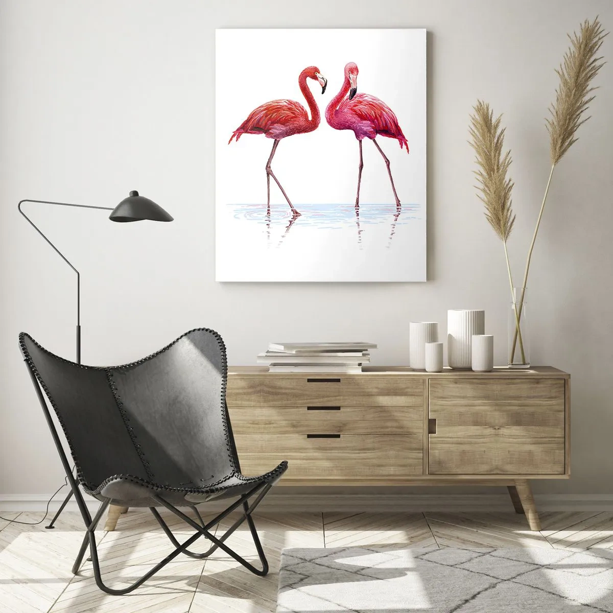 Cuadro sobre vidrio - Impresiones sobre Vidrio - Dos flamencos rosados de pie en el agua. - 50x70cm - Cita rosada - Decoración de pared moderna para salón y dormitorio ARTTOR