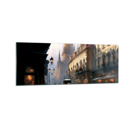 Cuadro sobre vidrio - Impresiones sobre Vidrio - Escena callejera nocturna con arquitectura histórica - 140x50cm - La magia de una noche de Praga - Decoración de pared moderna para salón y dormitorio ARTTOR