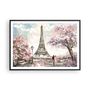 Póster en marco negro - La Torre Eiffel rodeada de árboles en flor. - 100x70cm - Un paseo por París en abril - Decoración de pared moderna para salón y dormitorio ARTTOR