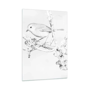 Cuadro sobre vidrio - Impresiones sobre Vidrio - Un pájaro posado en una rama en una escena invernal monocromática. - 50x70cm - Mañana de invierno - Decoración de pared moderna para salón y dormitorio ARTTOR