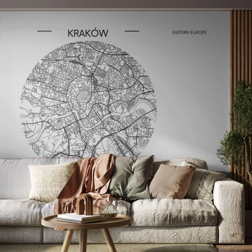 Fotomural Premium Sand - Un mapa de Cracovia en un marco redondo sobre un fondo blanco. - 100x70cm - Anatomía de Cracovia - Decoración de pared moderna para salón y dormitorio ARTTOR