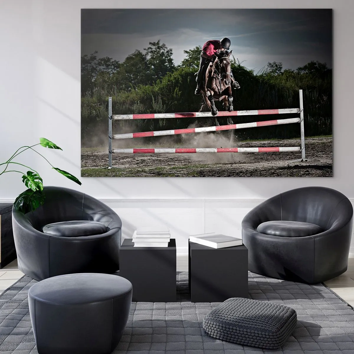 Cuadro sobre vidrio - Impresiones sobre Vidrio - Un jinete a caballo salta un obstáculo con la naturaleza como telón de fondo. - 70x50cm - Juntos por la victoria - Decoración de pared moderna para salón y dormitorio ARTTOR