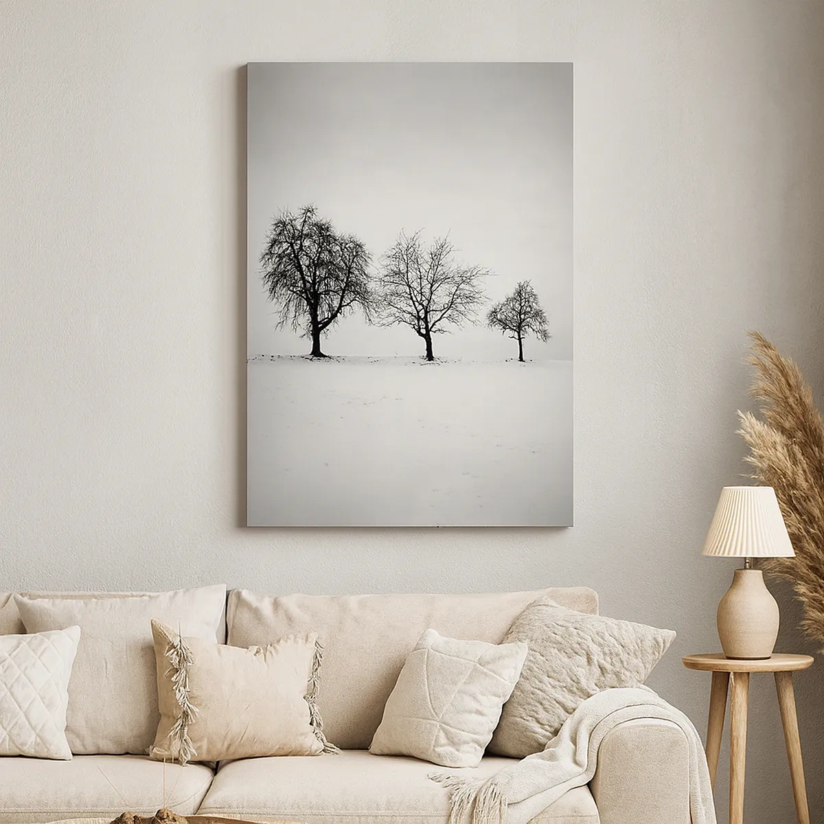 Cuadro sobre lienzo - Impresión de Imagen - Tres árboles en un campo nevado en estilo monocromático. - 50x70cm - ¿Con qué sueñan? - Decoración de pared moderna para salón y dormitorio ARTTOR
