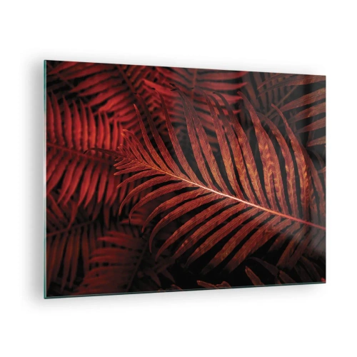 Cuadro sobre vidrio - Impresiones sobre Vidrio - Hojas rojas de una planta tropical sobre un fondo oscuro. - 70x50cm - Las brasas de la vida - Decoración de pared moderna para salón y dormitorio ARTTOR