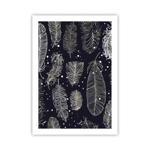 Póster - Plumas blancas sobre un fondo negro en un elegante arreglo. - 50x70cm - Encaje de plumas - Decoración de pared moderna para salón y dormitorio ARTTOR