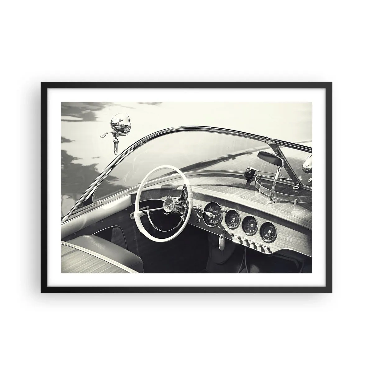Póster en marco negro - Interior de coche clásico en estilo monocromático. - 70x50cm - Tiempo para los ricos - Decoración de pared moderna para salón y dormitorio ARTTOR