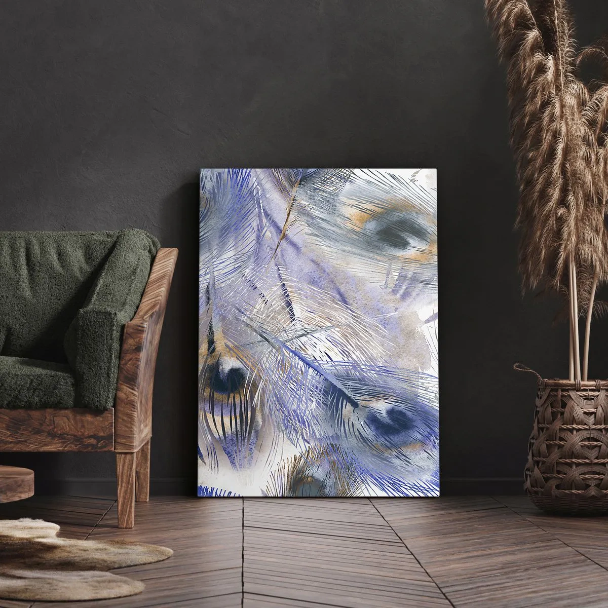 Cuadro sobre lienzo - Impresión de Imagen - Un patrón con plumas de pavo real en tonos azules y dorados. - 50x70cm - Composición - Decoración de pared moderna para salón y dormitorio ARTTOR