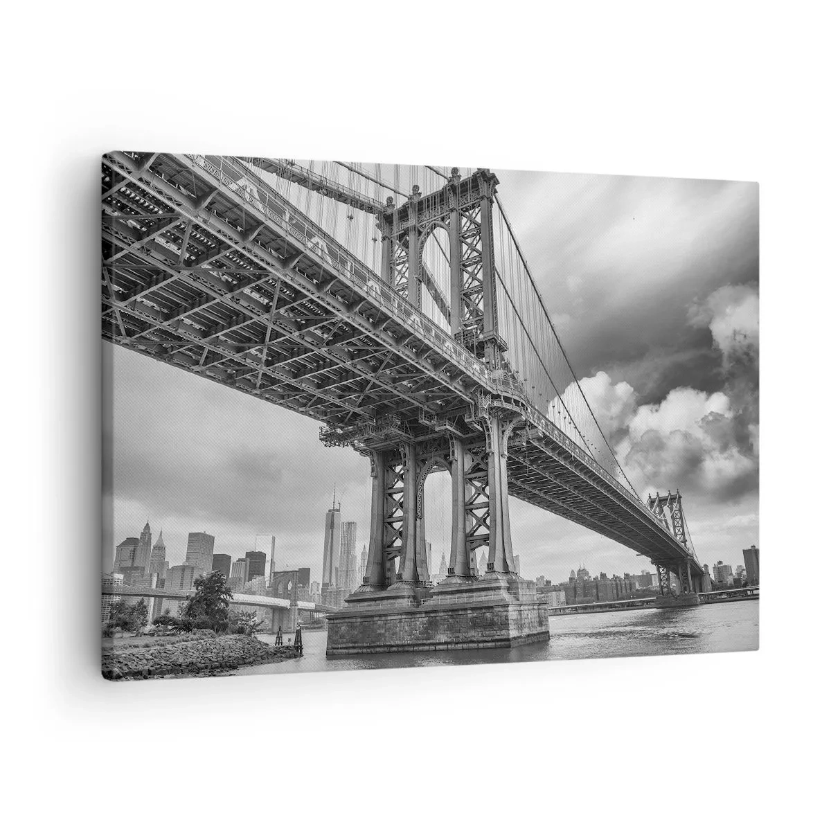 Cuadro sobre lienzo - Impresión de Imagen - Un puente en blanco y negro con vista a la ciudad. - 70x50cm - Al corazón de la ciudad - Decoración de pared moderna para salón y dormitorio ARTTOR