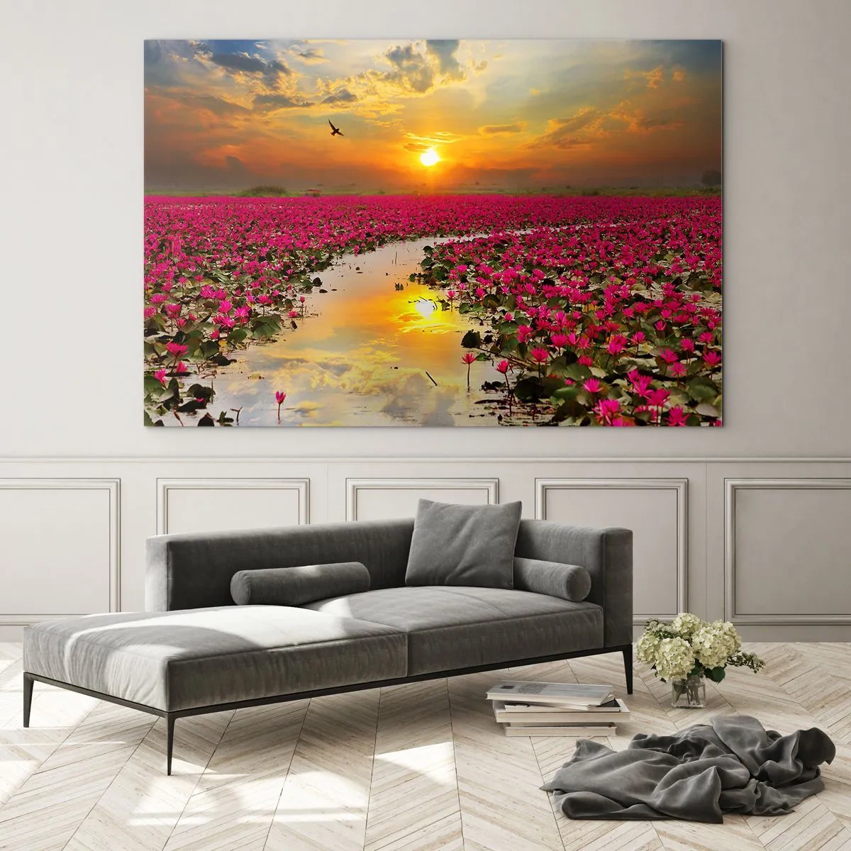Cuadro sobre vidrio - Impresiones sobre Vidrio - Nenúfares rosados en un lago al atardecer - 120x80cm - La vida secreta del lago - Decoración de pared moderna para salón y dormitorio ARTTOR