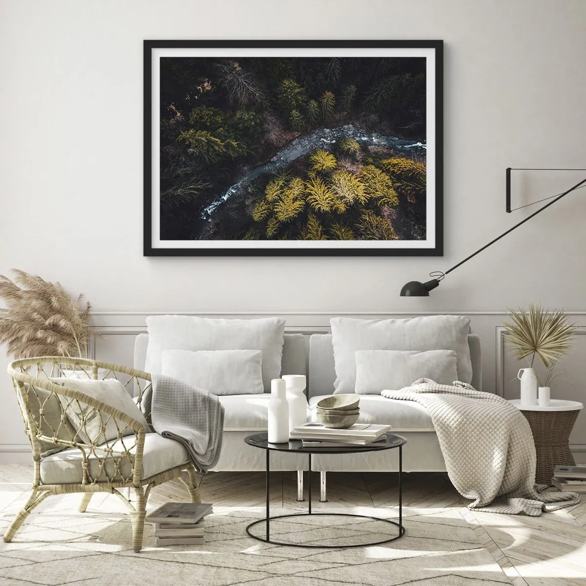 Póster en marco negro - Una vista desde arriba de un bosque con un río sinuoso. - 70x50cm - Rápido, cada vez más rápido - Decoración de pared moderna para salón y dormitorio ARTTOR