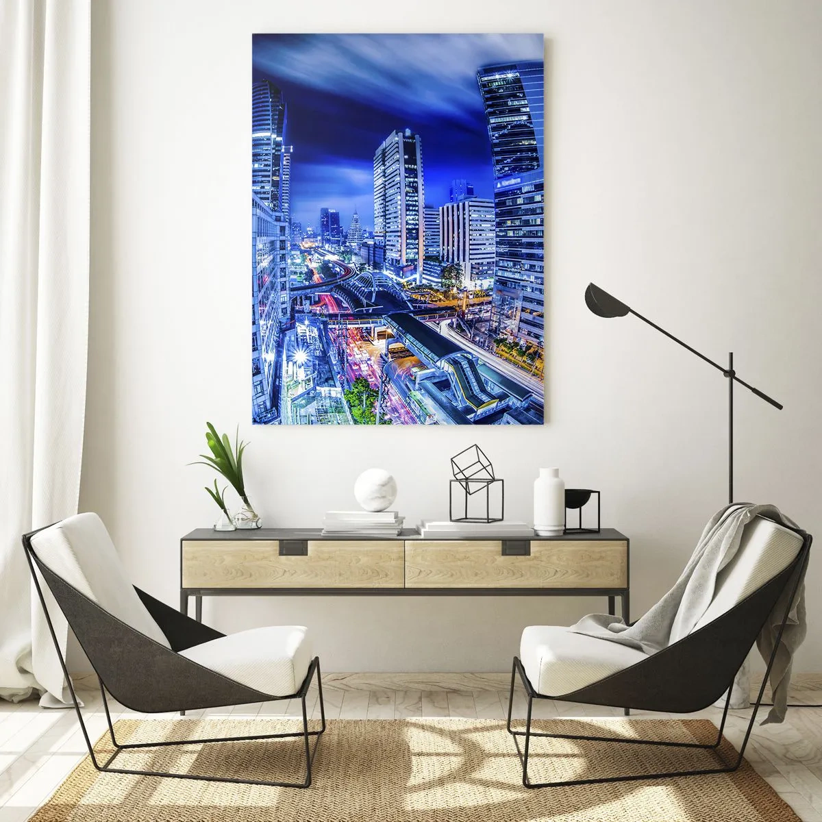 Cuadro sobre vidrio - Impresiones sobre Vidrio - Panorama nocturno de la ciudad con rascacielos y farolas - 80x120cm - Ritmos de la ciudad nocturna - Decoración de pared moderna para salón y dormitorio ARTTOR
