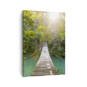 Cuadro sobre lienzo - Impresión de Imagen - Un puente colgante en un bosque tropical iluminado por la luz del sol. - 50x70cm - Sobre el agua azul hacia el bosque - Decoración de pared moderna para salón y dormitorio ARTTOR