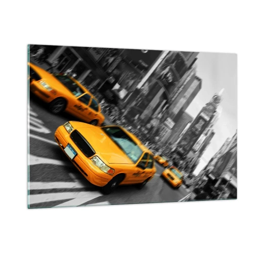 Cuadro sobre vidrio - Impresiones sobre Vidrio - Taxis amarillos con el telón de fondo de calles de la ciudad en blanco y negro - 120x80cm - El sol cae sobre Nueva York - Decoración de pared moderna para salón y dormitorio ARTTOR