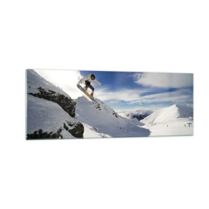 Cuadro sobre vidrio - Impresiones sobre Vidrio - Un snowboarder salta desde un acantilado con montañas cubiertas de nieve al fondo. - 140x50cm - Libertad sin fronteras - Decoración de pared moderna para salón y dormitorio ARTTOR