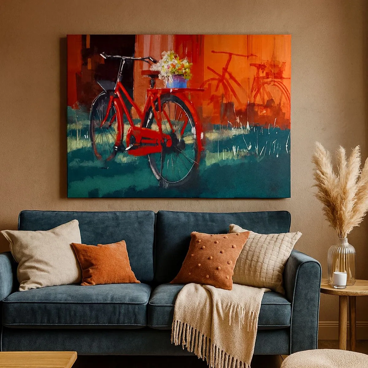 Cuadro sobre lienzo - Impresión de Imagen - Una bicicleta roja con flores contra una pared naranja. - 70x50cm - Quiero ir en bicicleta - Decoración de pared moderna para salón y dormitorio ARTTOR