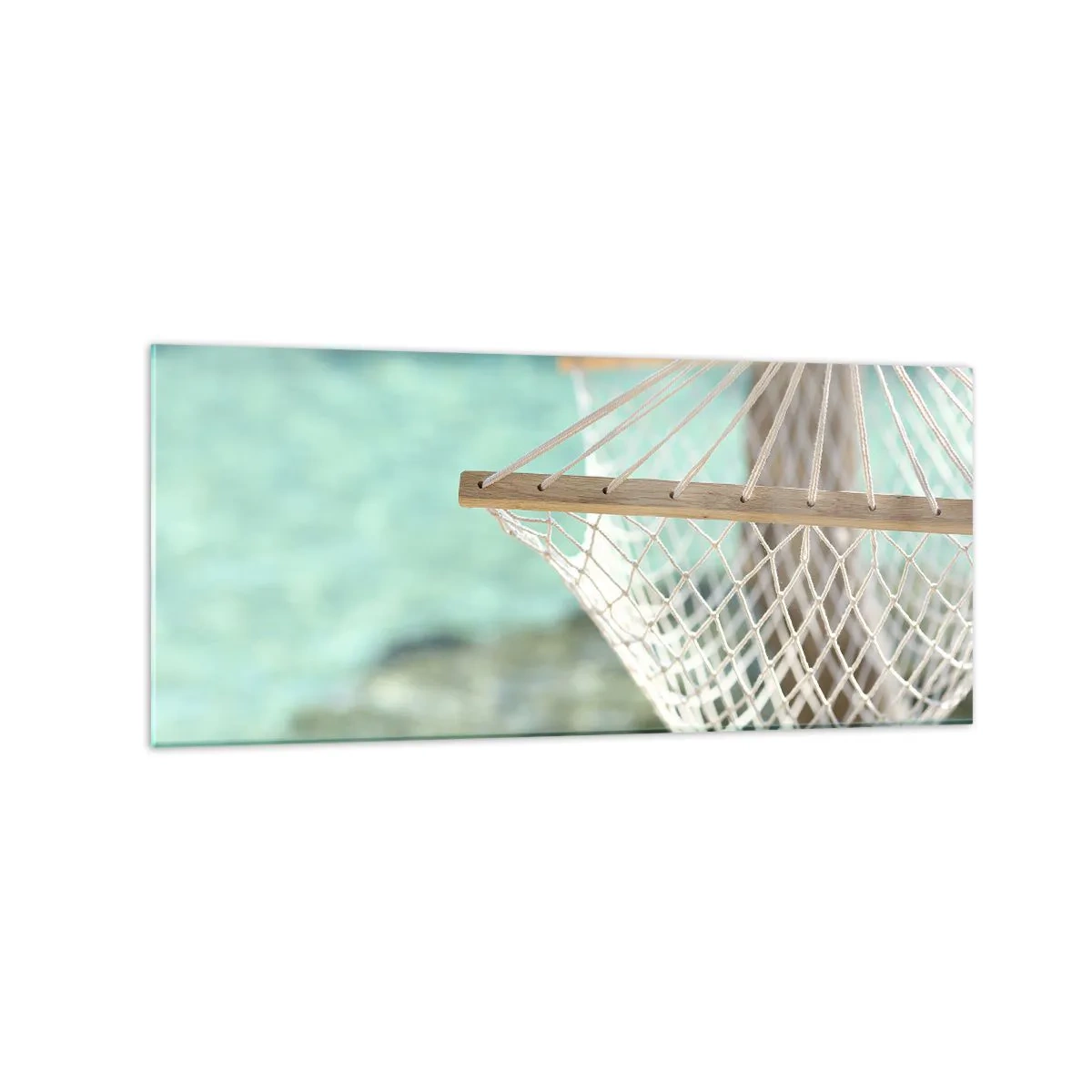 Cuadro sobre vidrio - Impresiones sobre Vidrio - Una hamaca con vistas al agua turquesa. - 120x50cm - Momento de relax - Decoración de pared moderna para salón y dormitorio ARTTOR