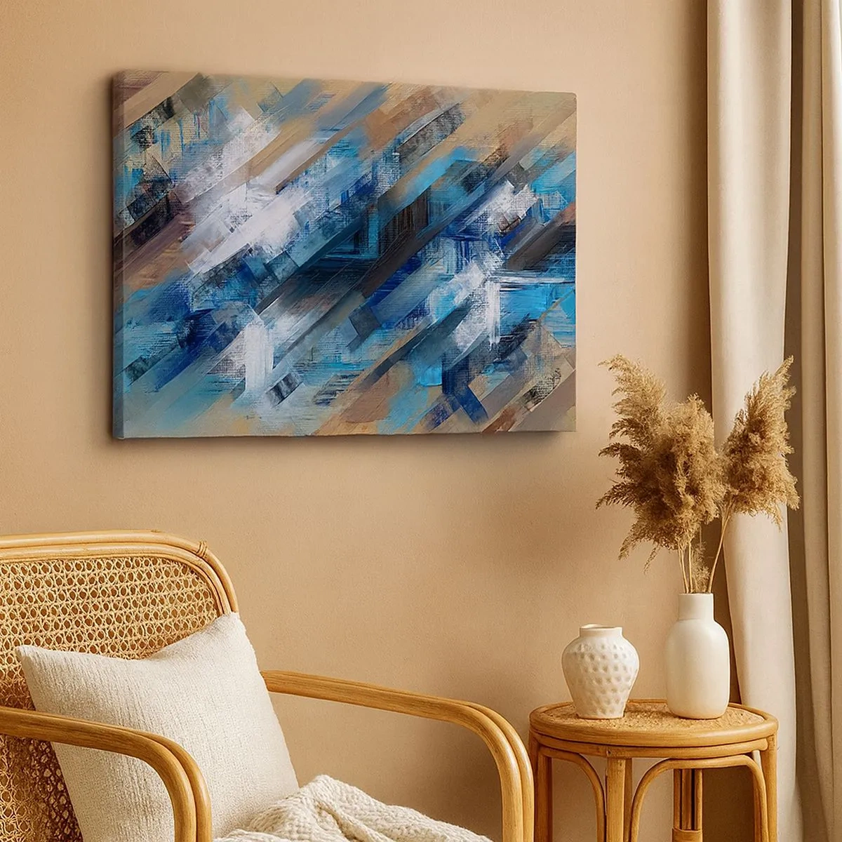 Cuadro sobre lienzo - Impresión de Imagen - Composición abstracta con líneas diagonales azules. - 70x50cm - En una inclinación azul - Decoración de pared moderna para salón y dormitorio ARTTOR