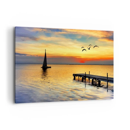 Cuadro sobre lienzo - Impresión de Imagen - Puesta de sol con un velero y un muelle en un lago tranquilo - 120x80cm - Regresos nocturnos - Decoración de pared moderna para salón y dormitorio ARTTOR