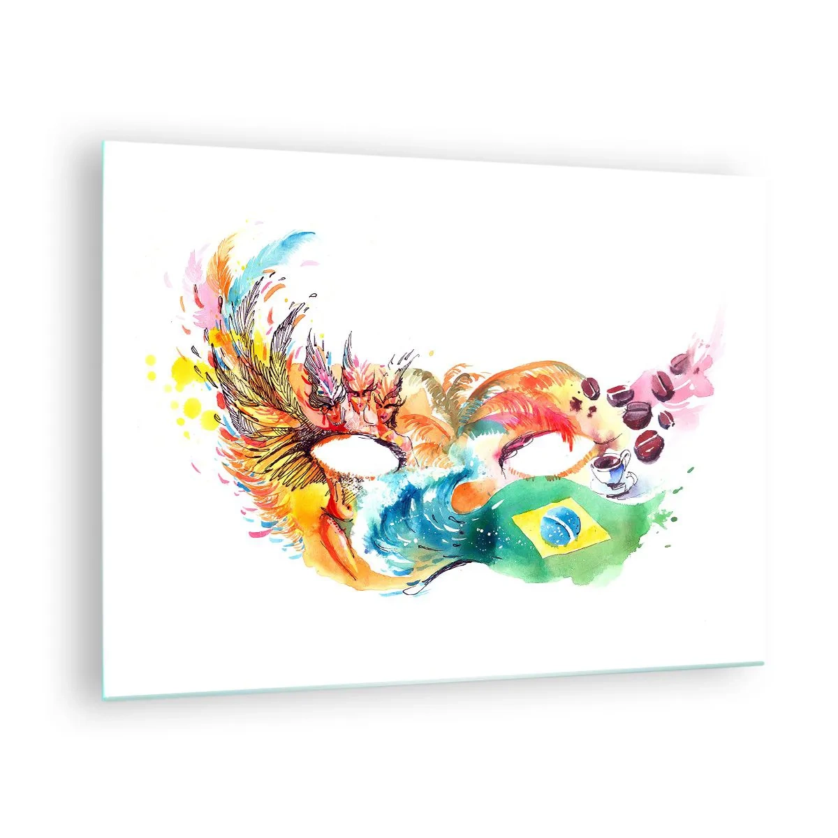 Cuadro sobre vidrio - Impresiones sobre Vidrio - Una máscara colorida inspirada en el carnaval brasileño. - 70x50cm - Brasil te recibe con samba - Decoración de pared moderna para salón y dormitorio ARTTOR