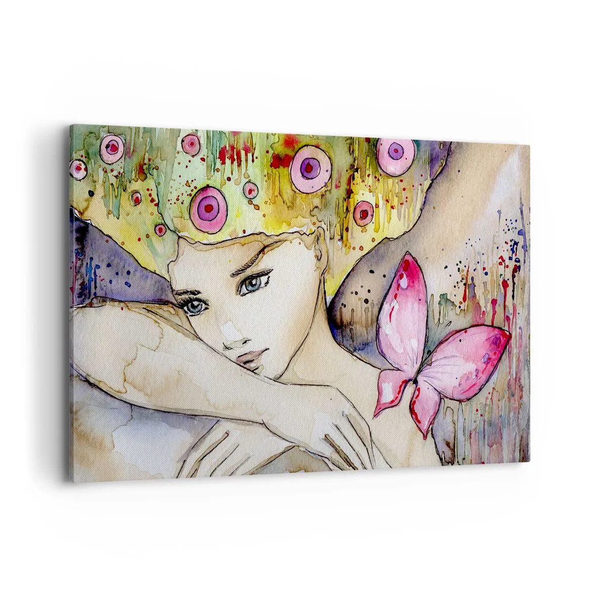 Cuadro sobre lienzo - Impresión de Imagen - Una mujer con un peinado abstracto y una mariposa rosa. - 120x80cm - Una princesa mariposa - Decoración de pared moderna para salón y dormitorio ARTTOR