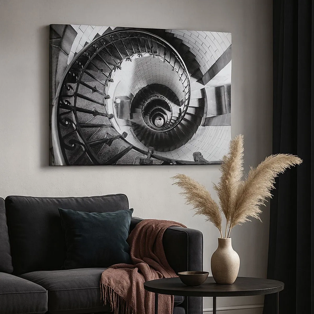 Cuadro sobre lienzo - Impresión de Imagen - Fotografía en blanco y negro de una escalera de caracol con perspectiva de arriba hacia abajo. - 70x50cm - Cada vez más alto - Decoración de pared moderna para salón y dormitorio ARTTOR