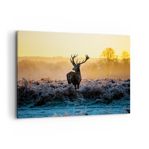 Cuadro sobre lienzo - Impresión de Imagen - Un ciervo en un claro helado al amanecer. - 100x70cm - Coronado en sus propios dominios - Decoración de pared moderna para salón y dormitorio ARTTOR