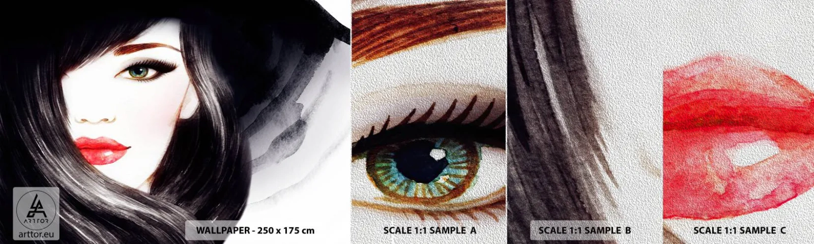 Muestra de fotomural Premium Sand - Mirada de zafiro - cara de mujer, labios rojos, Ojos verdes - 100x30 cm