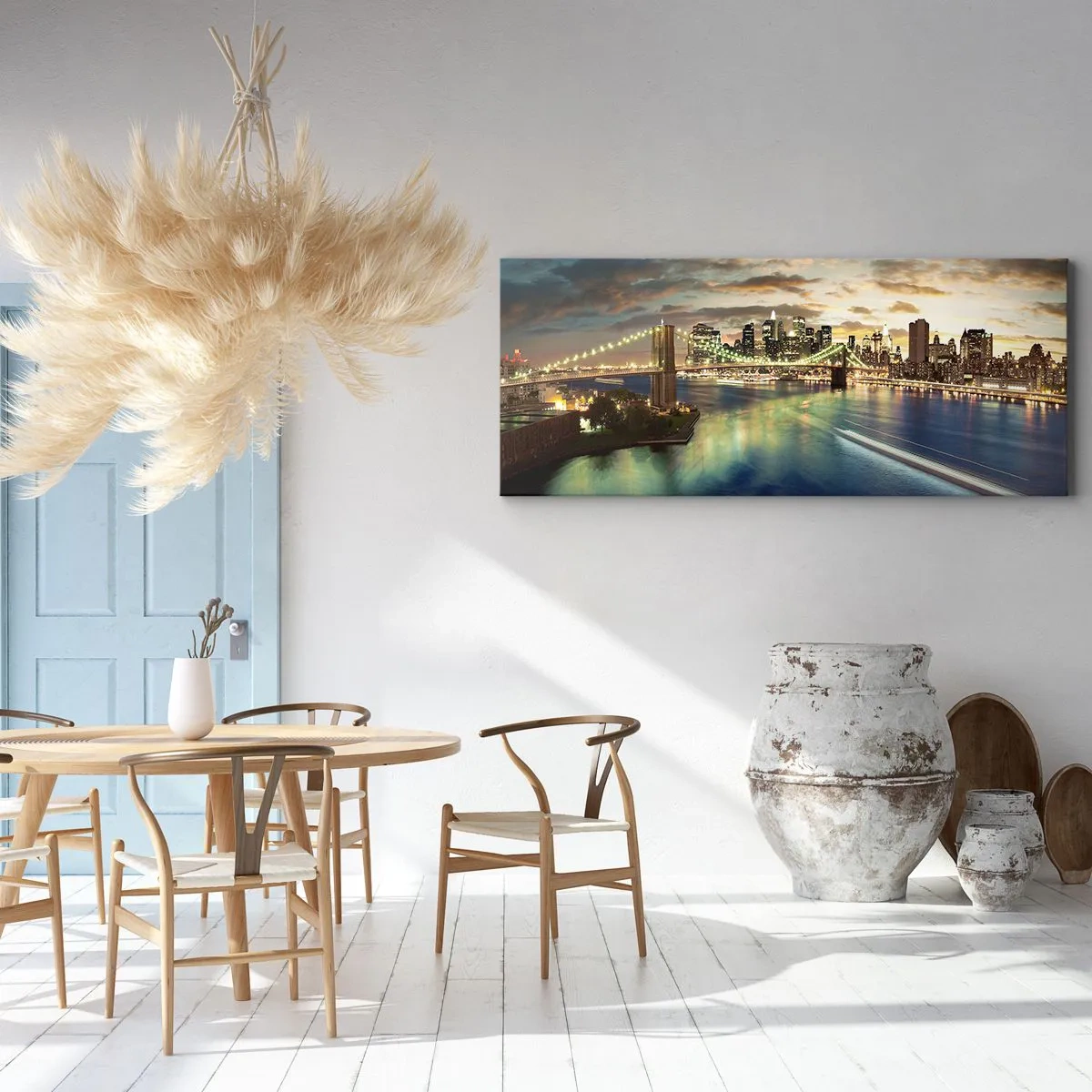 Cuadro sobre lienzo - Impresión de Imagen - Un puente iluminado con la ciudad al fondo, con luces reflejadas en el agua. - 160x50cm - Un atardecer iluminado sobre Manhattan - Decoración de pared moderna para salón y dormitorio ARTTOR