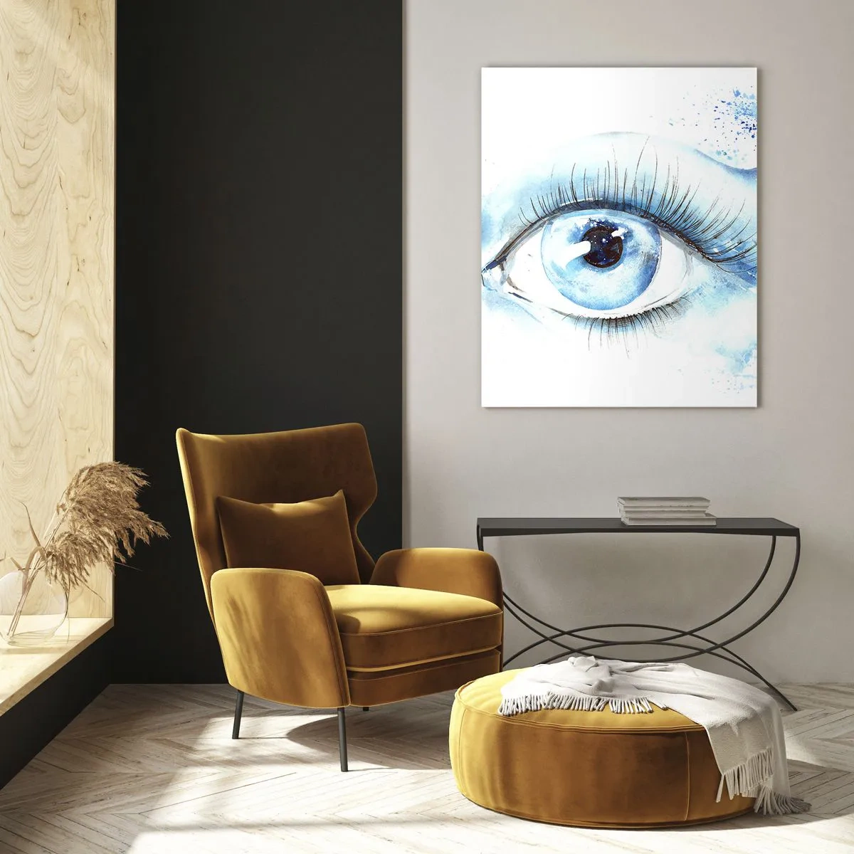 Cuadro sobre vidrio - Impresiones sobre Vidrio - Acuarela artística de un ojo con una onda dinámica. - 80x120cm - Sumérgete en el azul de tu mirada - Decoración de pared moderna para salón y dormitorio ARTTOR