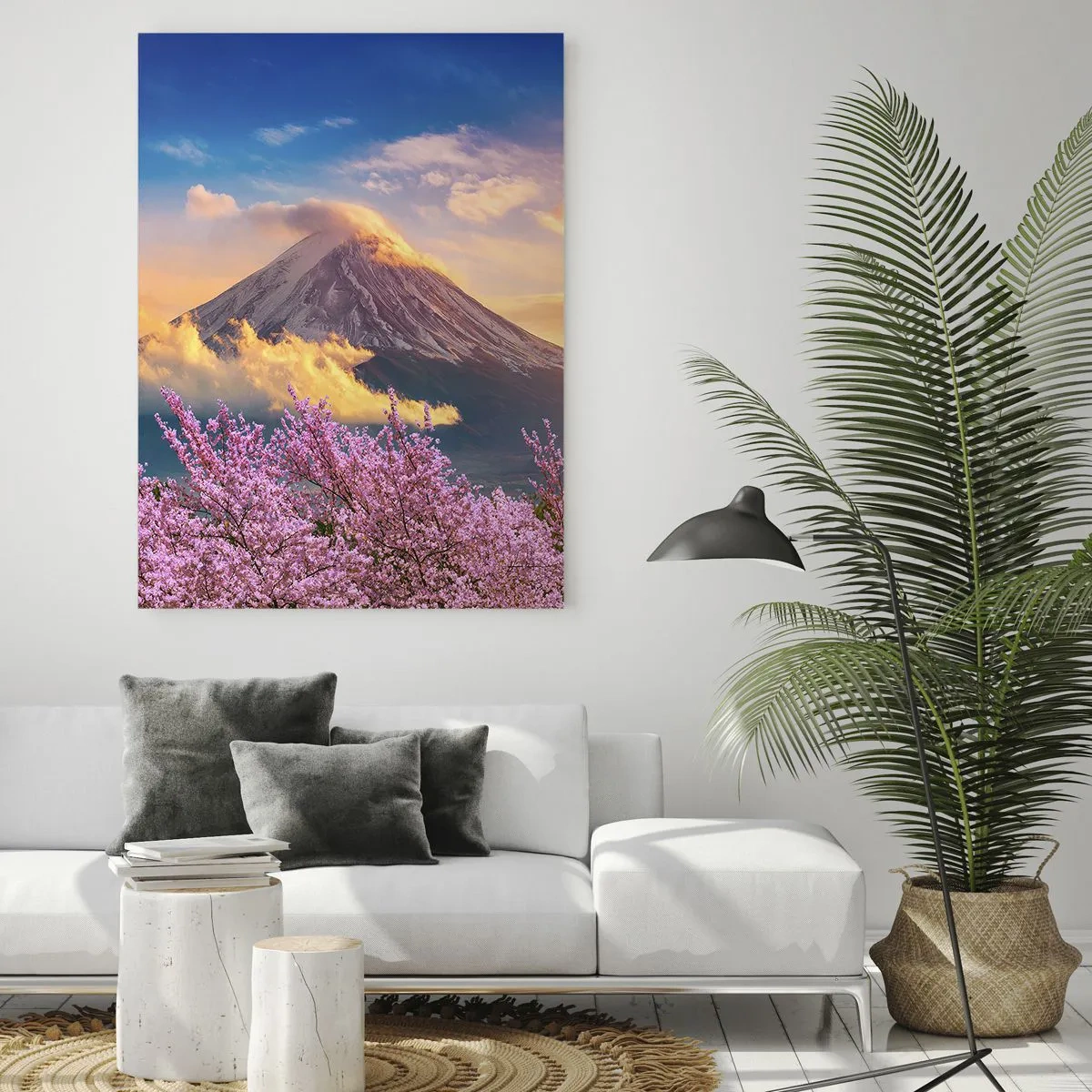 Cuadro sobre vidrio - Impresiones sobre Vidrio - El monte Fuji al fondo con árboles de sakura en flor en primer plano - 50x70cm - La santidad japonesa - Decoración de pared moderna para salón y dormitorio ARTTOR
